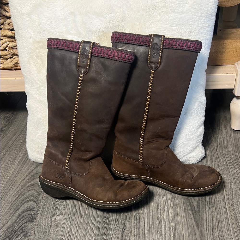 UGG Brown Leather Tall Boots with Burgundy Trim